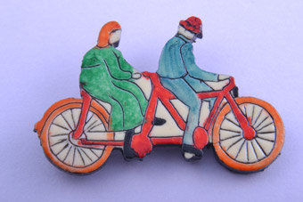 Plastic Tandem Brooch With Cyclists