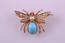 18ct Yellow Gold Victorian Insect Brooch With Turquoise, Seed Pearls And Rubies
