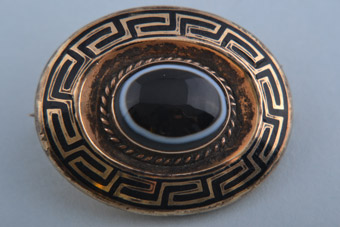 Gold, Hair And Enamel Victorian Mourning Brooch With Agate