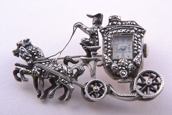 Silver 1950's Horse And Carriage Monarch Brooch / Watch With Marcasite