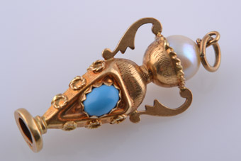 18ct Gold Charm With Turquoise And A Pearl