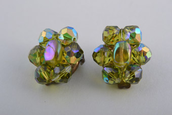 1950's Clip On Earrings With Green Crystal Beads