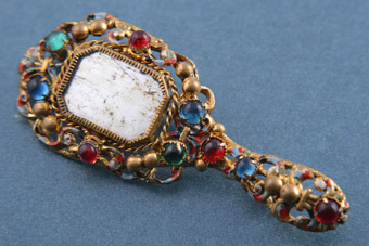 Gilt 1950's Hand Mirror Brooch With Paste