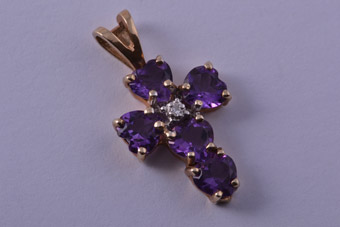 Gold Modern Cross With Amethysts And A Diamond