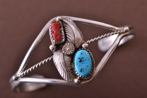 Silver Navajo Cuff With Turquoise And Coral