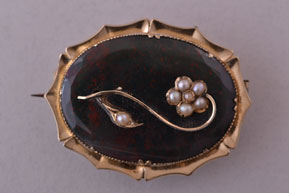 Gold Victorian Brooch With Bloodstone And Pearls