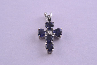 Gold Modern Cross With Iolite And A Diamond