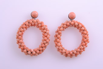 Vintage Hoop Stud Earrings With Coral Beads