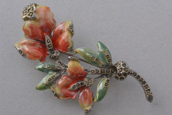 Vintage Floral Brooch With Enamel And Marcasite