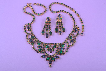 Gilt 1950's Set With Green And Blue Rhinestones