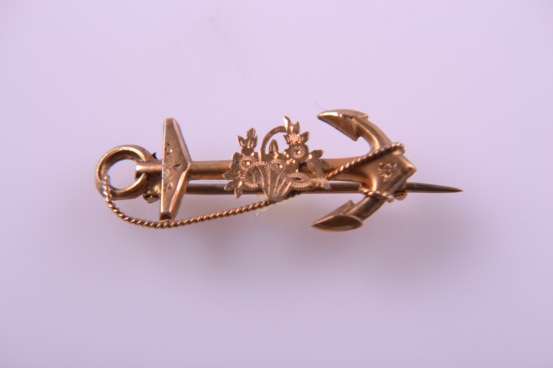 Gold Victorian Anchor And Flower Brooch
