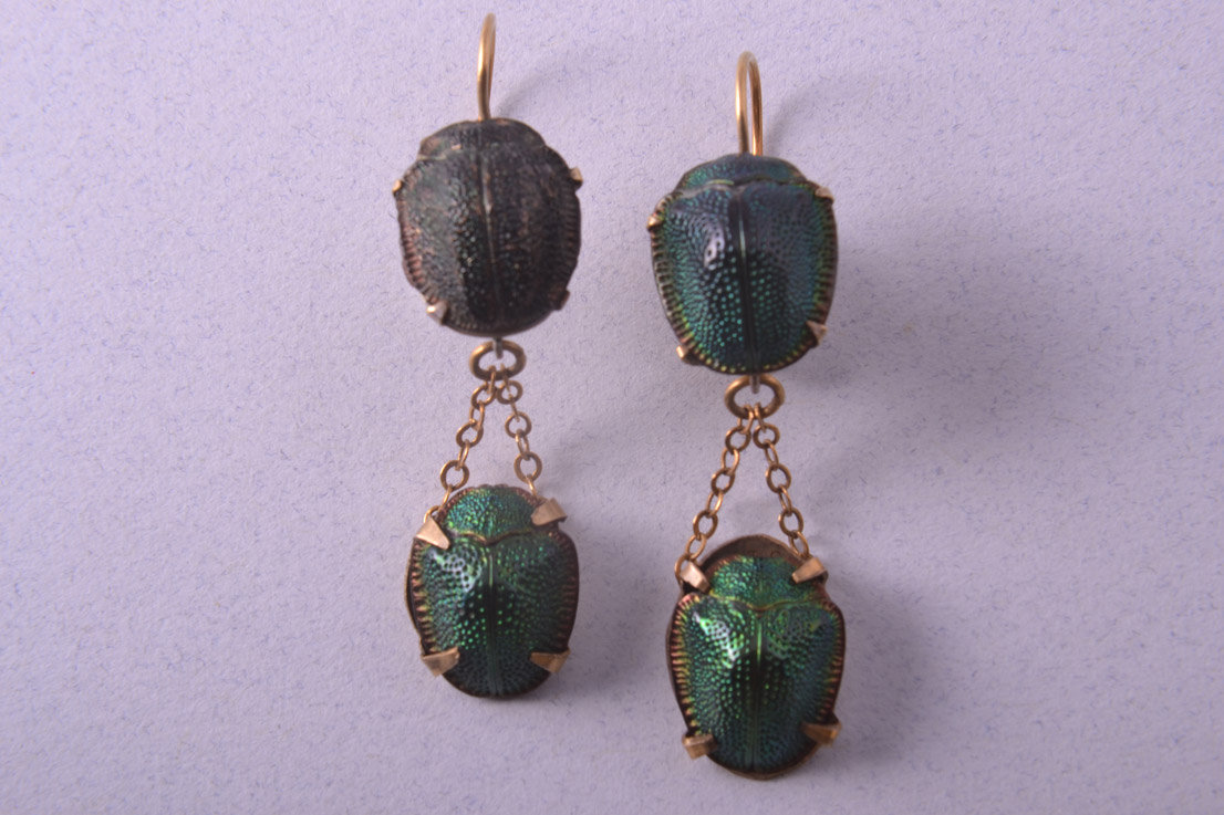 Silver Gilt Victorian Hook Earrings With Scarabs