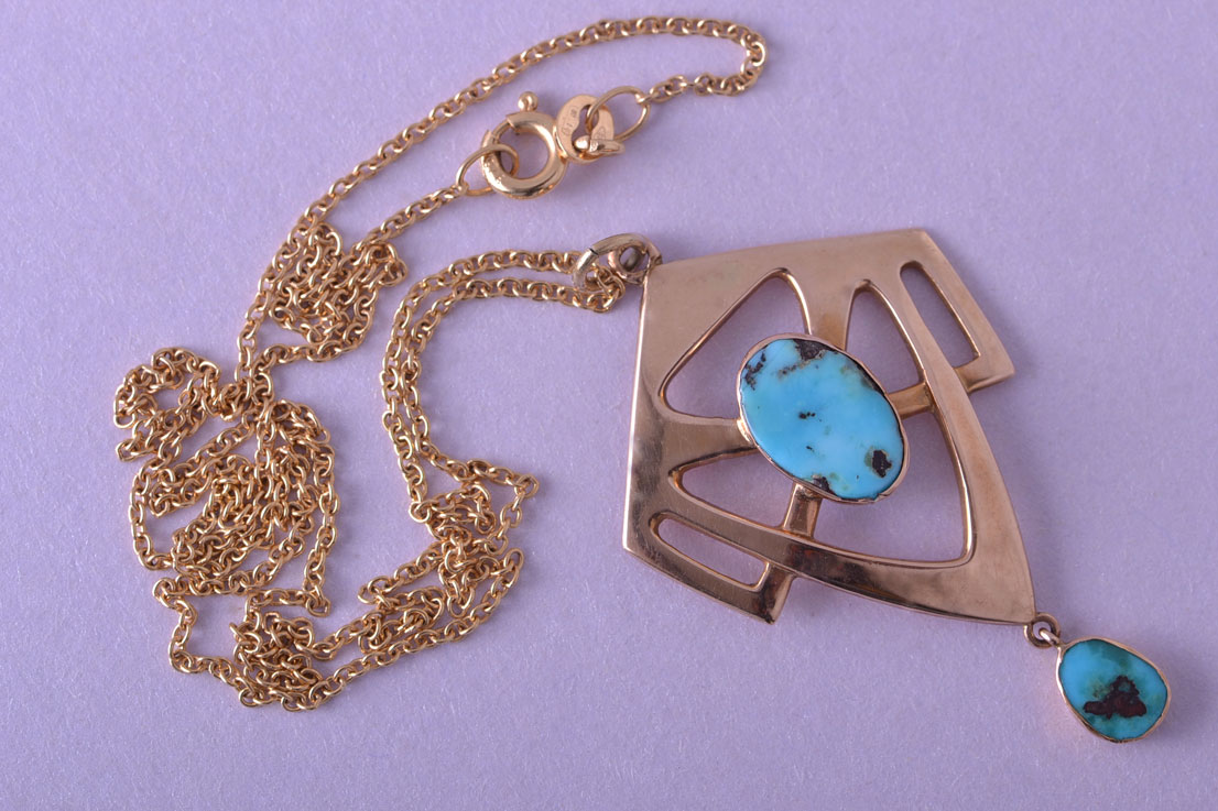 Gold Arts And Crafts Pendant With Turquoise