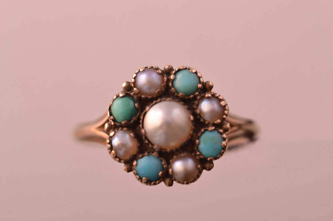 Gold Victorian Ring With Pearls And Turquoise