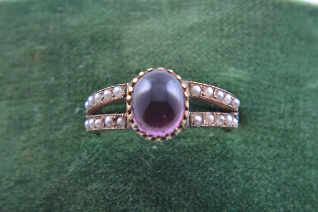 Gold Victorian Ring With A Garnet And Pearls