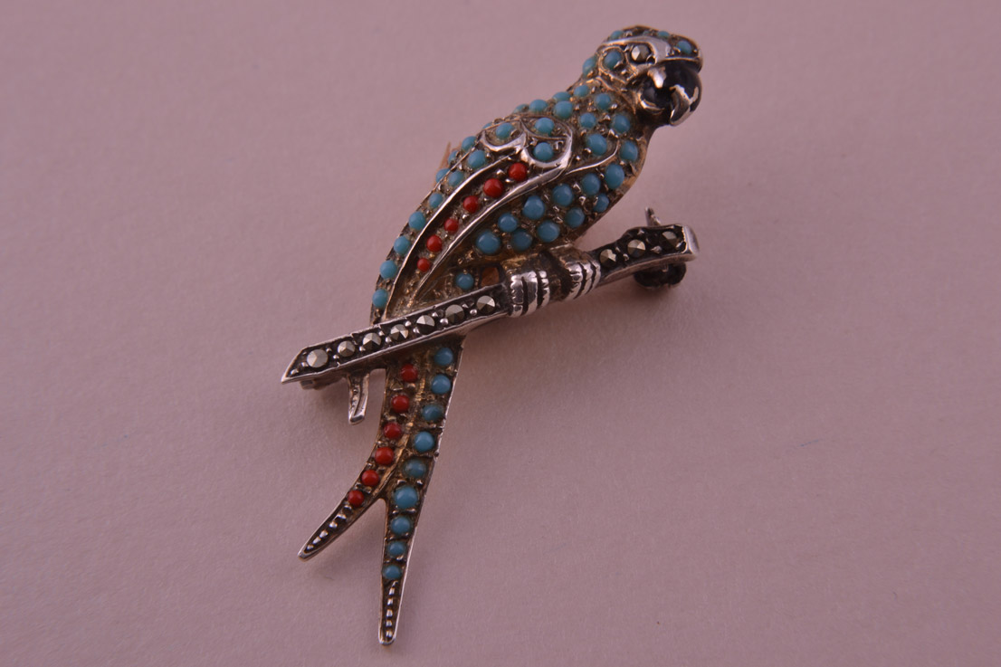 Silver Parrot Brooch Set With Marcasite