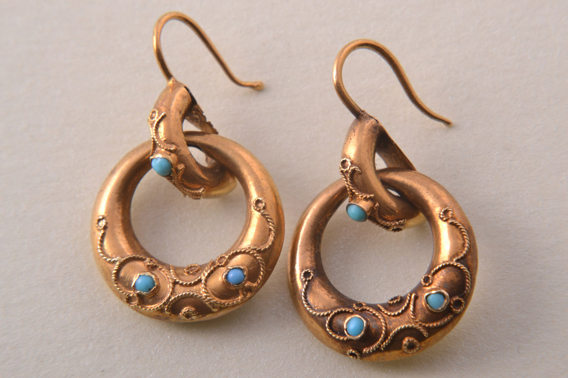 Gold Victorian Hook Drop Earrings With Turquoise