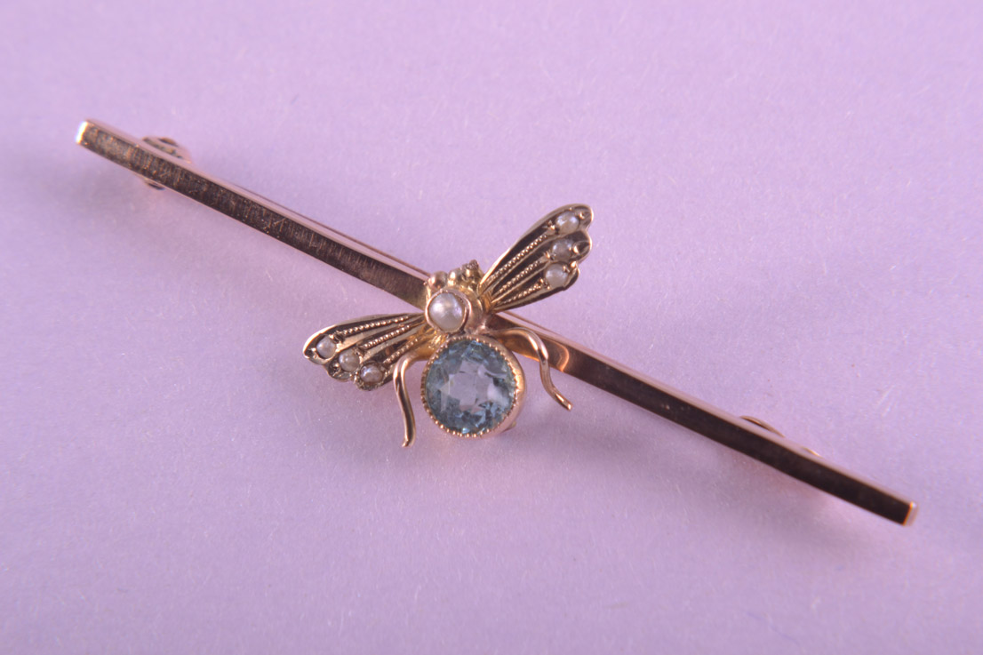 Gold Edwardian Brooch With Aquamarine And Pearls