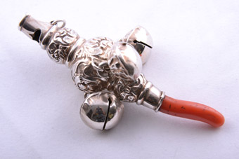 Silver And Coral 1900's Baby's Rattle / Teether / Whistle With Bells