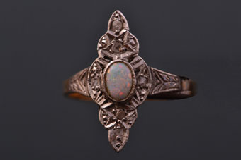 Art Deco Navette Ring With An Opal And Diamonds