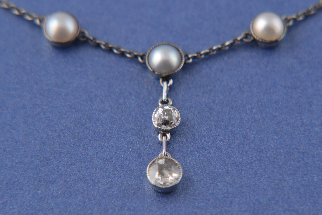 Gold And Silver Edwardian Lavalier Necklace With Diamonds And Pearls