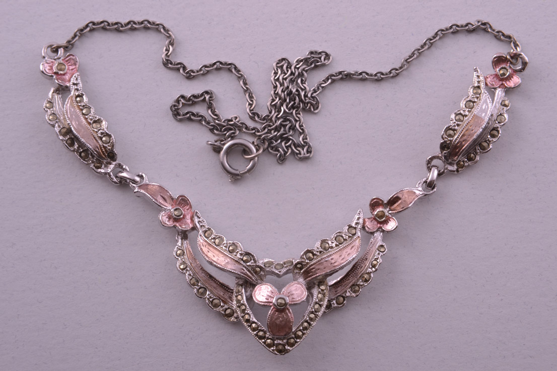 Rhodium Plated 1950's Necklace With Marcasite
