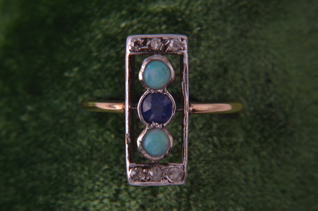 Art Deco Ring With Sapphire, Opals And Diamonds