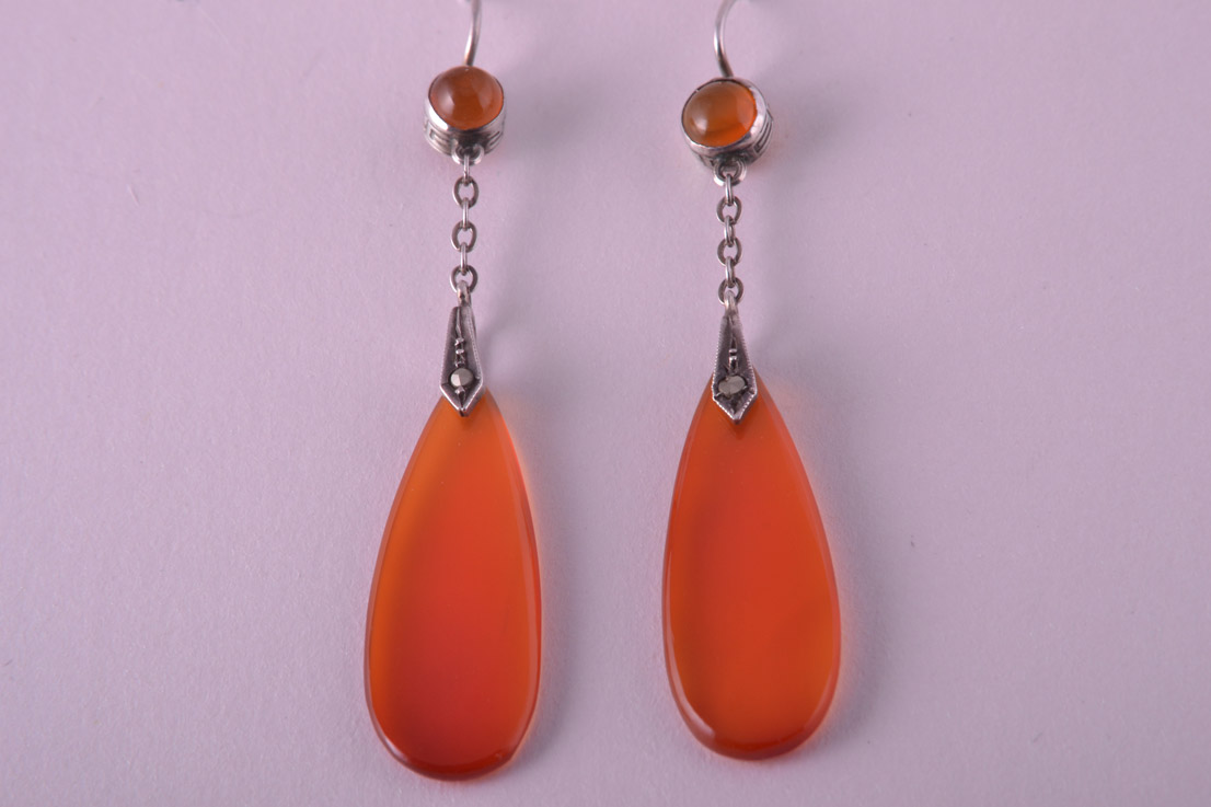 Art Deco Earrings With Carnelian And Marcasite