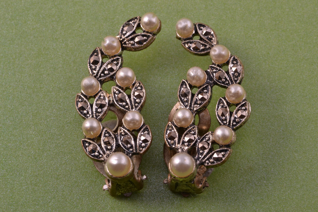 Clip On Earrings With Marcasite And Faux Pearls