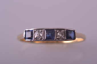 18ct Yellow Gold Vintage Ring With Blue Sapphires And Diamonds