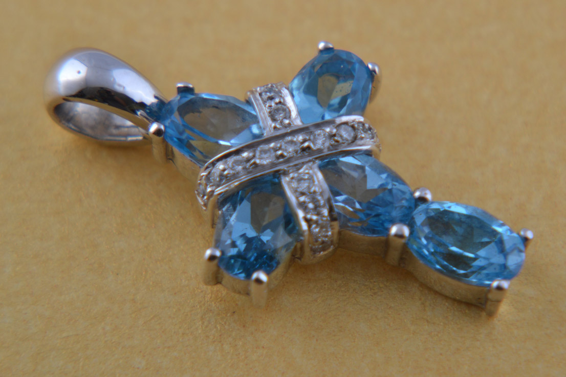 White Gold Modern Cross With Topaz And Diamonds