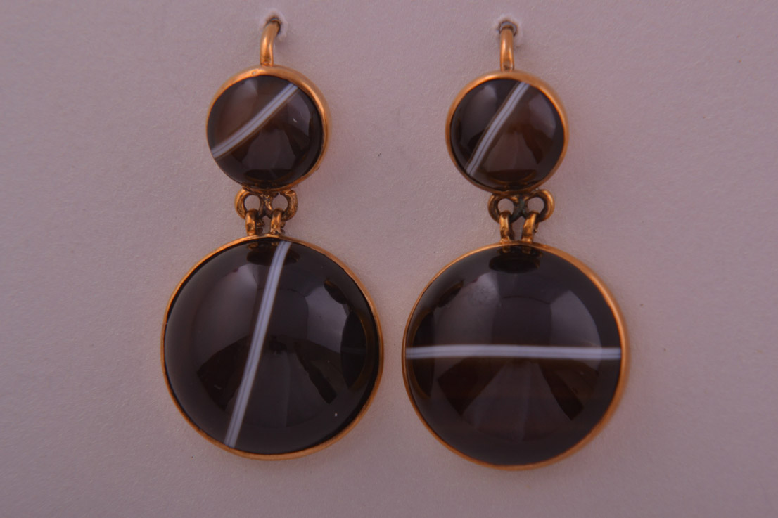 Gold Victorian Hook Drop Earrings With Agate