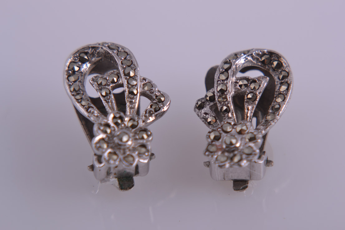 Flower Clip On Earrings With Marcasite