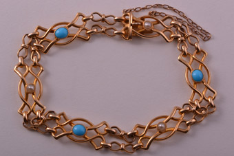 Gold Antique Bracelet With Turquoise And Pearls