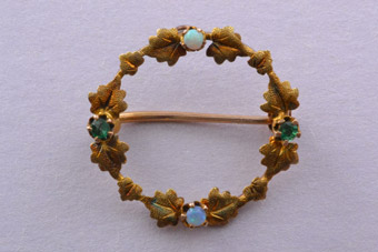 15ct Yellow Gold Victorian Wreath Brooch With Opals And Emeralds