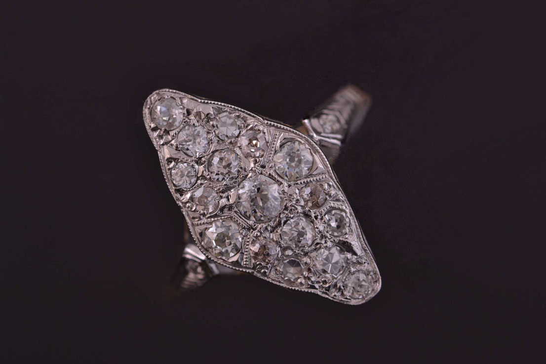 Gold Vintage Marquise Navette Ring With Diamonds
