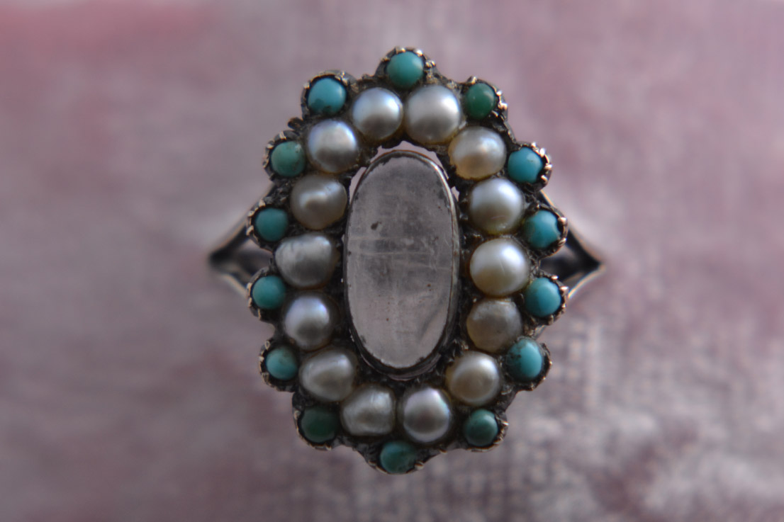 Silver Victorian Ring With Turquoise And Pearls