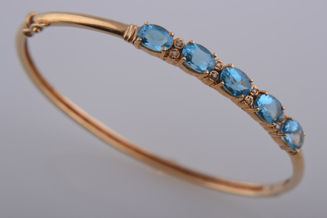 Gold Modern Bangle With Blue Topaz And Diamonds