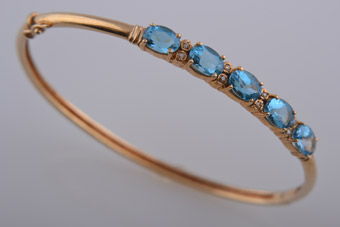 14ct Yellow Gold Modern Bangle With Blue Topaz And Diamonds