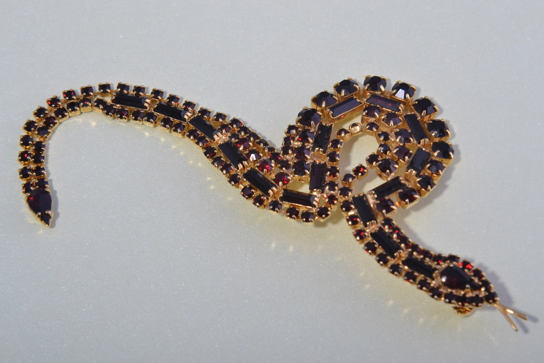 Gilt Snake Brooch With Crystals