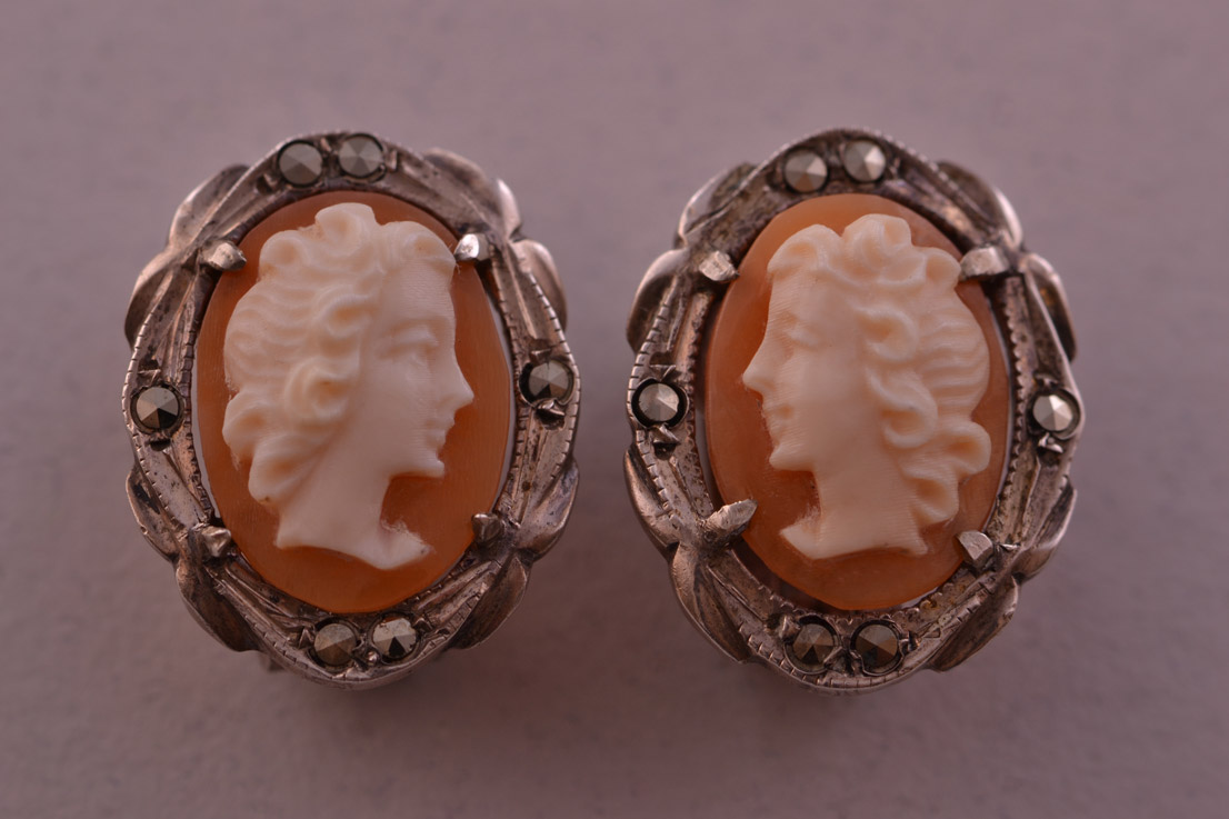 Silver Vintage Earrings With Cameo And Marcasite