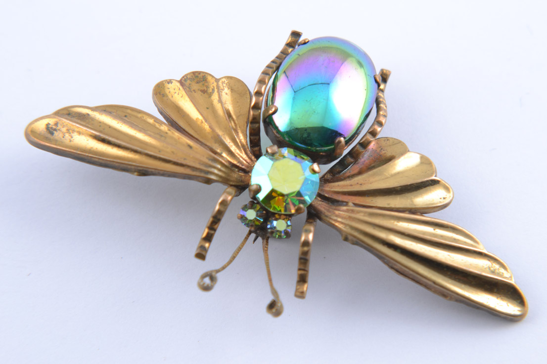Gilt Vintage Butterfly Brooch With Paste