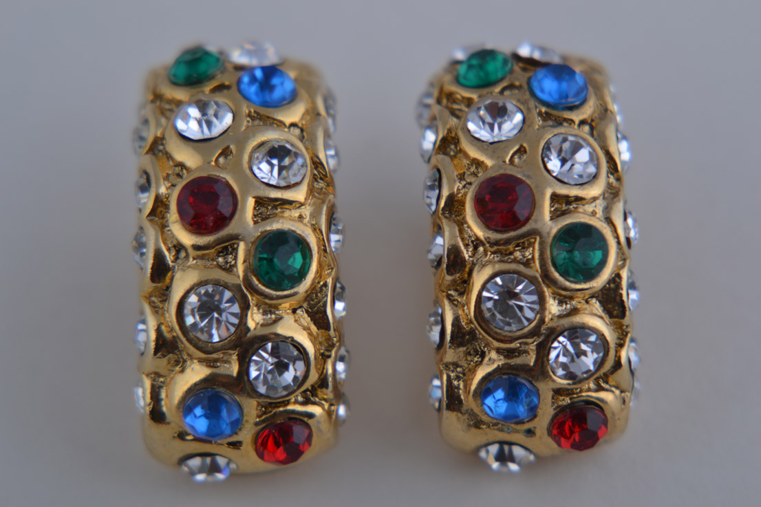 1980's Clip On Earrings With Coloured Diamanté