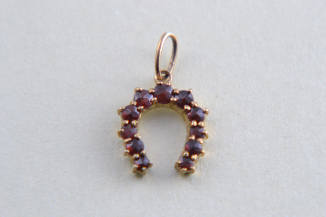 Gold Horse-Shoe Pendant / Charm With Garnets