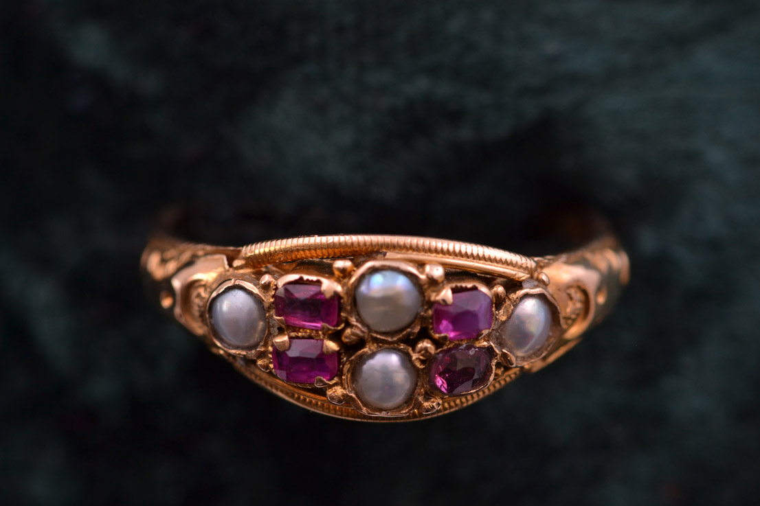 Gold Victorian Ring With Rubies And Pearls