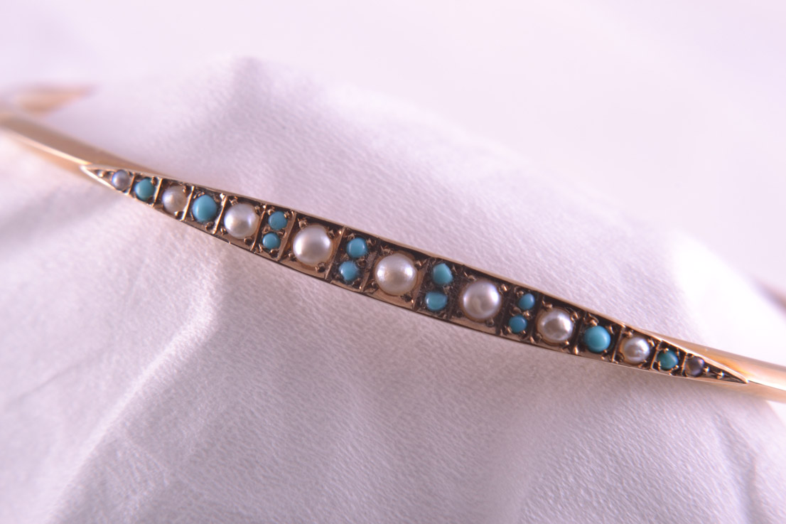 Gold Victorian Bangle With Turquoise And Pearls