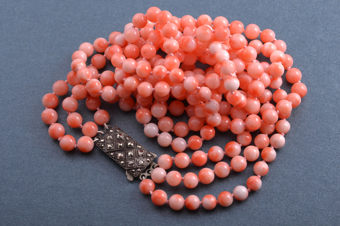 Silver And Coral Necklace With Marcasite