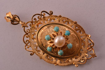 Gold Brooch / Pendant With Turquoise And A Pearl