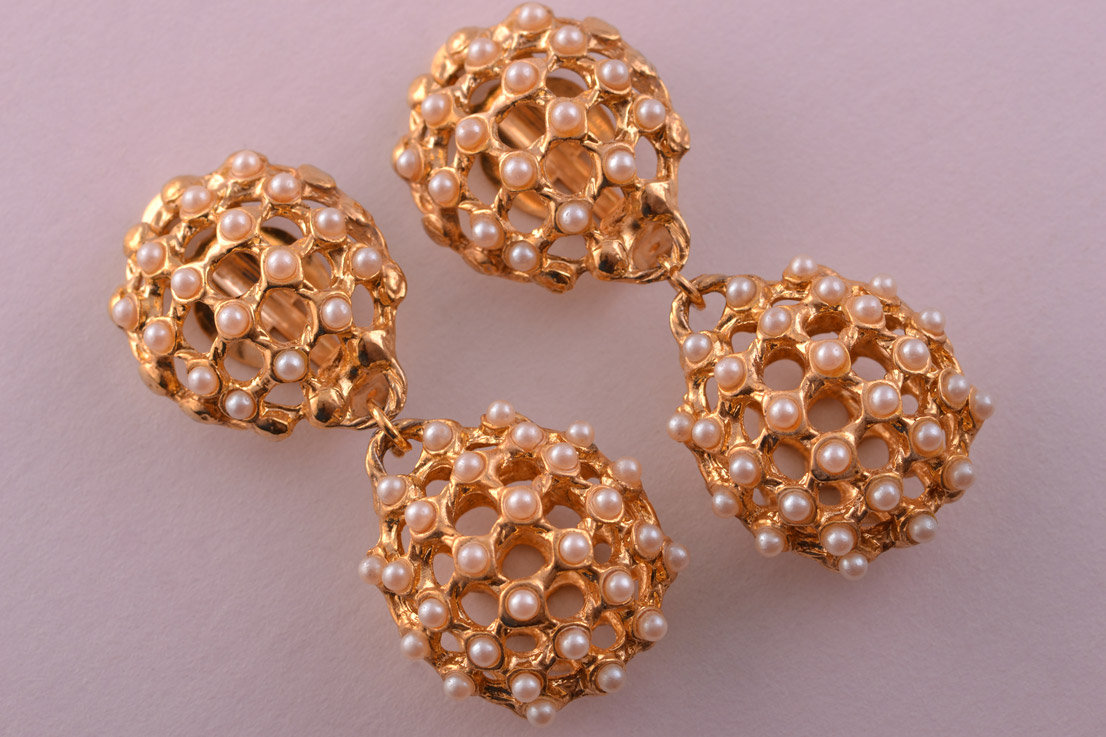 Gilt Clip On Drop Earrings With Faux Pearls