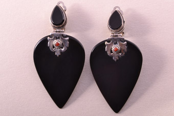 Silver Clip On Drop Earrings With Onyx And Coral